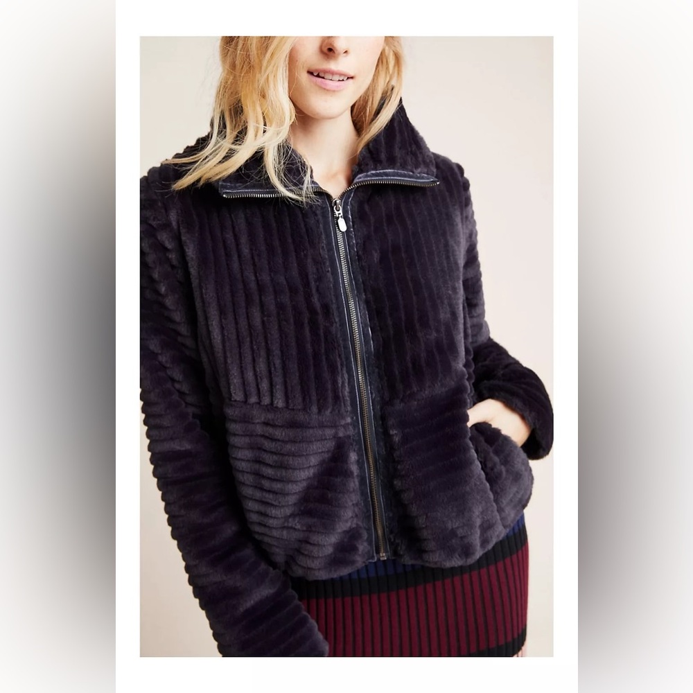 Anthropologie Natasha Women Faux Fur Jacket Charcoal Plush Zip Up Soft Short XS